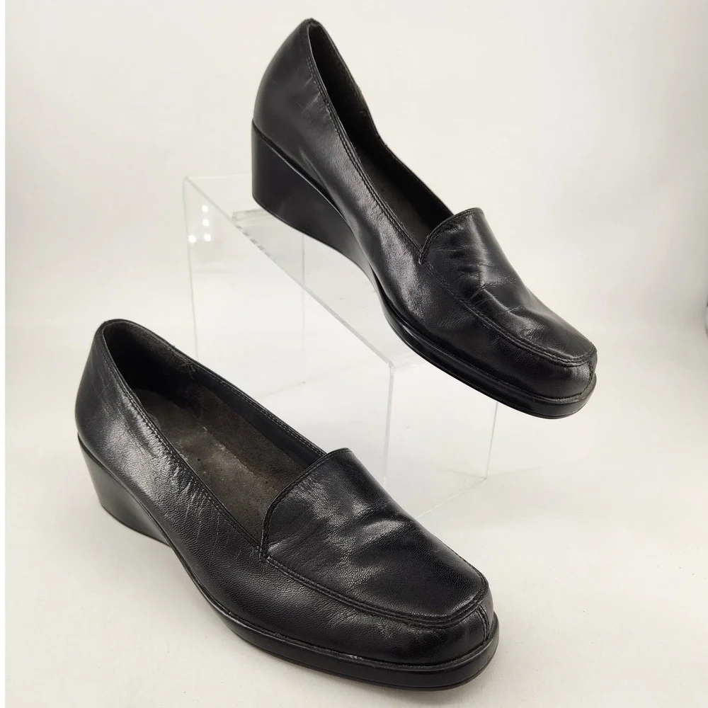 Aerosoles Final Exam Wedge Loafers Womens 9W Black Leather‎ Moc Toe Office